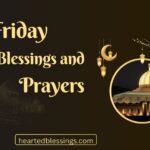 "Friday Blessings and Prayers with golden mosque dome, crescent moon, and hanging lanterns on dark background"