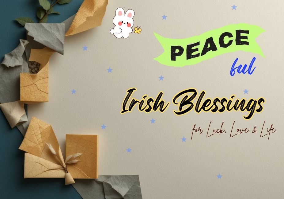Irish Blessings quote graphic with festive design and cute character illustration.