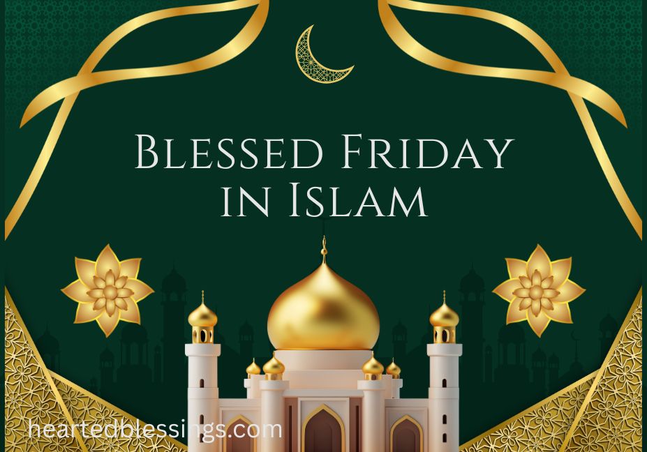 Blessed Friday in Islam with golden mosque and decorative Islamic art