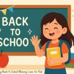 "Funny back to school blessing with green chalkboard, stacked books, graduation cap, and alarm clock"