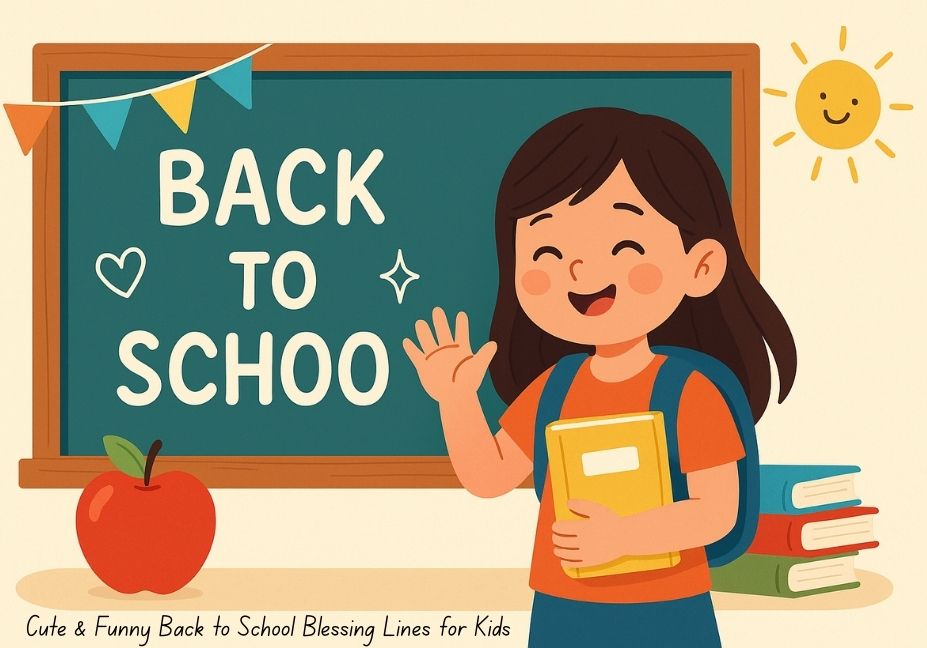 "Funny back to school blessing with green chalkboard, stacked books, graduation cap, and alarm clock"