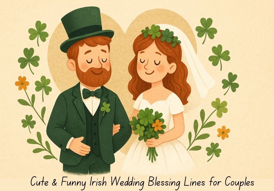 "Cute and funny Irish wedding blessing with romantic couple photo in floral frame"