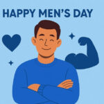 A smiling man in a blue sweater with folded arms, surrounded by simple blue icons, illustrated on a light blue background for a Happy Men’s Day theme.