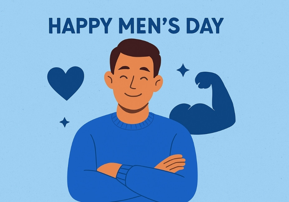 A smiling man in a blue sweater with folded arms, surrounded by simple blue icons, illustrated on a light blue background for a Happy Men’s Day theme.