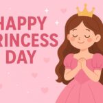 Happy Princess Day greeting card with adorable cartoon princess in pink ball gown and golden crown on pastel pink background with floating hearts and sparkles
