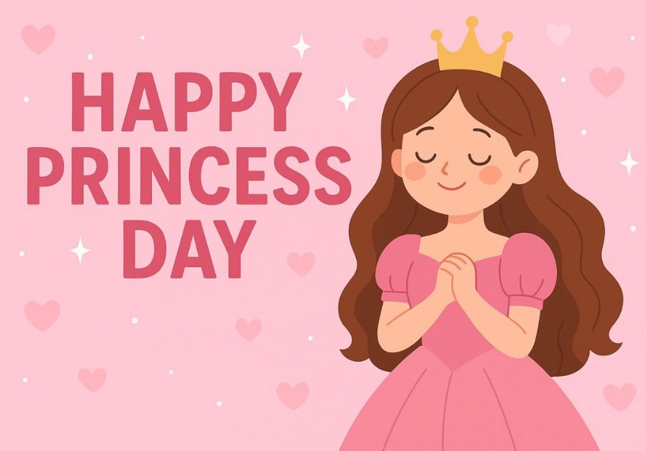 Happy Princess Day greeting card with adorable cartoon princess in pink ball gown and golden crown on pastel pink background with floating hearts and sparkles