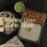 "Rhyming grace before meals displayed over Indian meal with curry, rice, onions and green chutney on black serving tray"