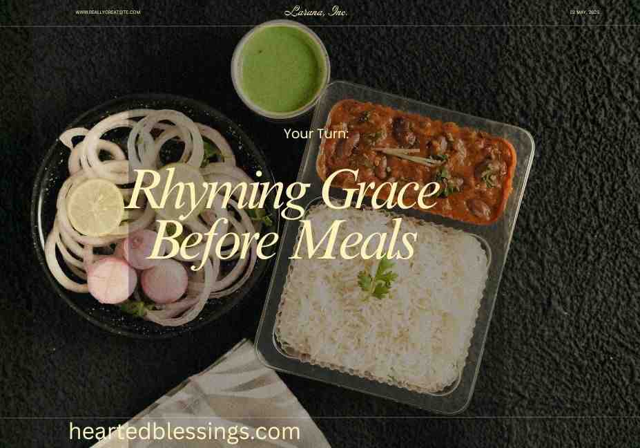 "Rhyming grace before meals displayed over Indian meal with curry, rice, onions and green chutney on black serving tray"