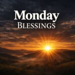 "Monday Blessings greeting card with white coffee mug, open journal, and green plant in glass vase on minimalist desk setup"