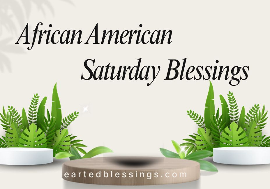 African American Saturday Blessings elegant design with tropical ferns and wooden podium on cream background