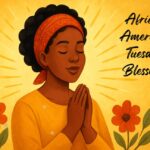 Illustration of an African American woman praying with peaceful expression, surrounded by warm golden light and flowers, symbolizing positivity and Tuesday blessings."