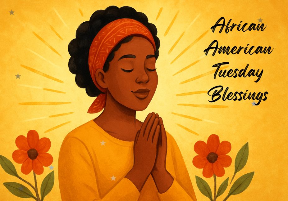 Illustration of an African American woman praying with peaceful expression, surrounded by warm golden light and flowers, symbolizing positivity and Tuesday blessings."