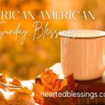 African American Sunday Blessings cozy autumn scene with coffee mug and fall leaves on warm orange background