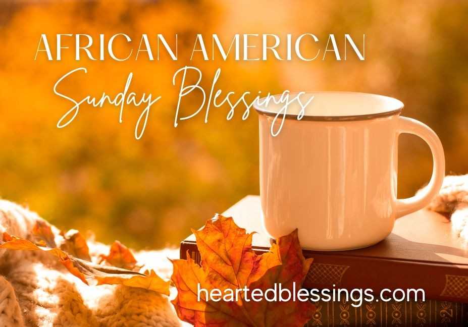African American Sunday Blessings cozy autumn scene with coffee mug and fall leaves on warm orange background