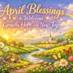 Beautiful April blessings artwork with blooming flowers, rainbow, sunrise, and nature scene representing renewal, hope, and happiness.