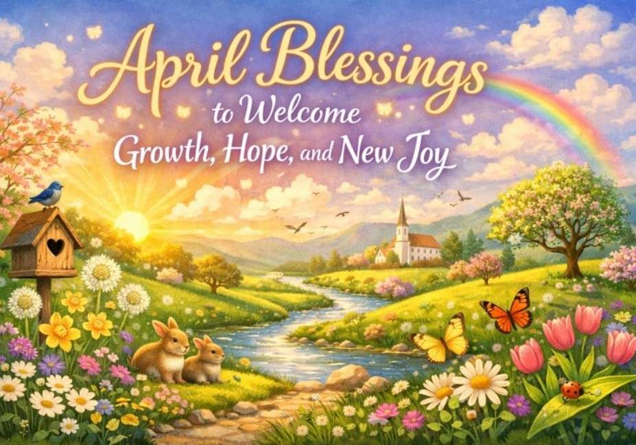Beautiful April blessings artwork with blooming flowers, rainbow, sunrise, and nature scene representing renewal, hope, and happiness.