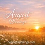 "August Blessings sunrise over golden meadow with white daisies and misty morning landscape"