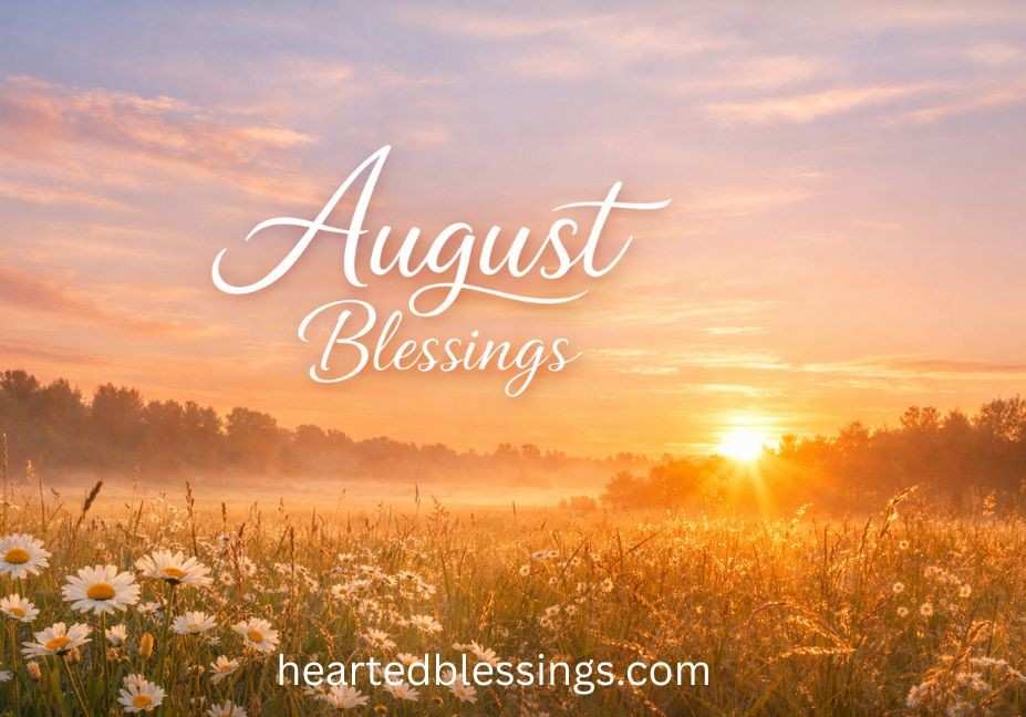 "August Blessings sunrise over golden meadow with white daisies and misty morning landscape"