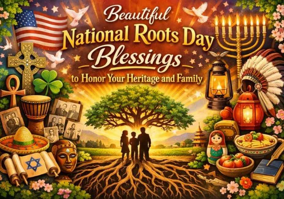 Beautiful National Roots Day Blessings to Honor Your Heritage and Family illustrated with cultural icons, family tree roots, and heritage symbols in a warm design.