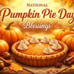 "National Pumpkin Pie Day Blessings with decorated pumpkin pie surrounded by autumn pumpkins and fall leaves"