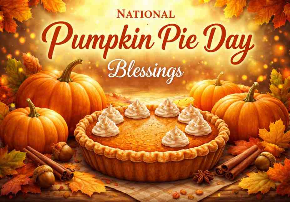 "National Pumpkin Pie Day Blessings with decorated pumpkin pie surrounded by autumn pumpkins and fall leaves"