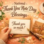 "National Thank You Note Day Blessings with thank you card and flowers"