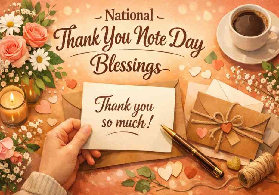 "National Thank You Note Day Blessings with thank you card and flowers"