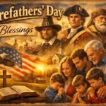 "Forefathers' Day Blessings patriotic artwork showing Pilgrim settlers, Revolutionary War soldier, frontier pioneer and multigenerational family in prayer"