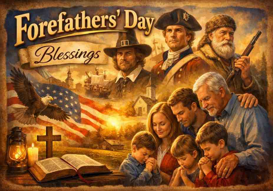 "Forefathers' Day Blessings patriotic artwork showing Pilgrim settlers, Revolutionary War soldier, frontier pioneer and multigenerational family in prayer"