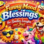 Funny Mood Blessings illustration with laughing emojis, a happy cartoon dog, a smiling unicorn, colorful confetti, and bold cheerful text in a bright rainbow background spreading joy and laughter.