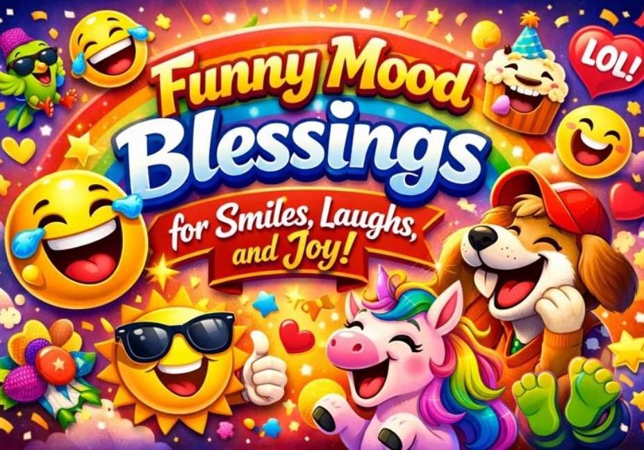 Funny Mood Blessings illustration with laughing emojis, a happy cartoon dog, a smiling unicorn, colorful confetti, and bold cheerful text in a bright rainbow background spreading joy and laughter.