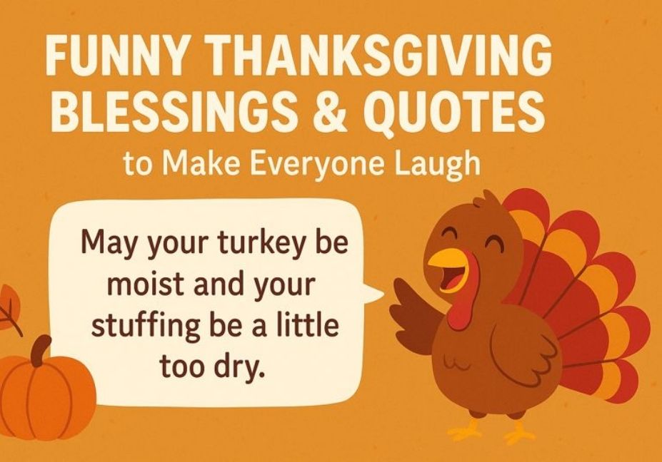 Funny Thanksgiving blessings and quotes illustration with a laughing turkey, speech bubble, and festive autumn background