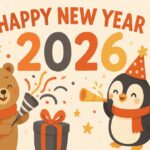 Cute and festive Happy New Year blessings and wishes 2026 with a cheerful bear and penguin, colorful confetti, party hats, gifts, and a joyful atmosphere."