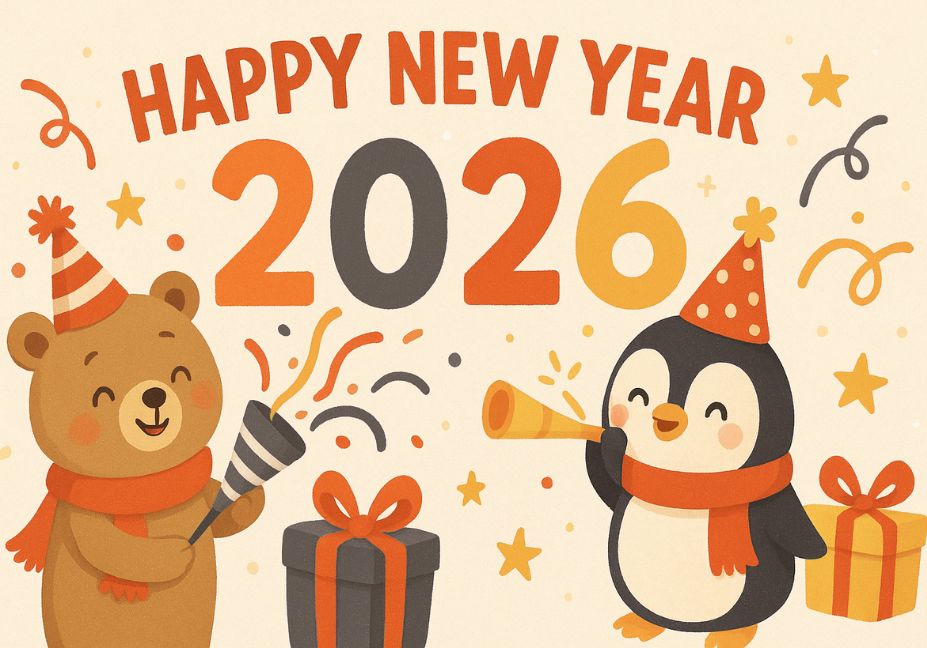 Cute and festive Happy New Year blessings and wishes 2026 with a cheerful bear and penguin, colorful confetti, party hats, gifts, and a joyful atmosphere."