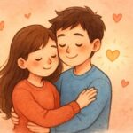 A soft, hand-drawn illustration of a cute couple gently hugging with closed eyes, surrounded by small floating hearts on a warm pastel background, expressing love and tenderness.