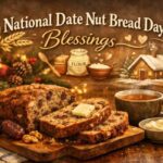 Freshly baked date nut bread on a wooden board celebrating National Date Nut Bread Day Blessings with warm, cozy kitchen vibes.