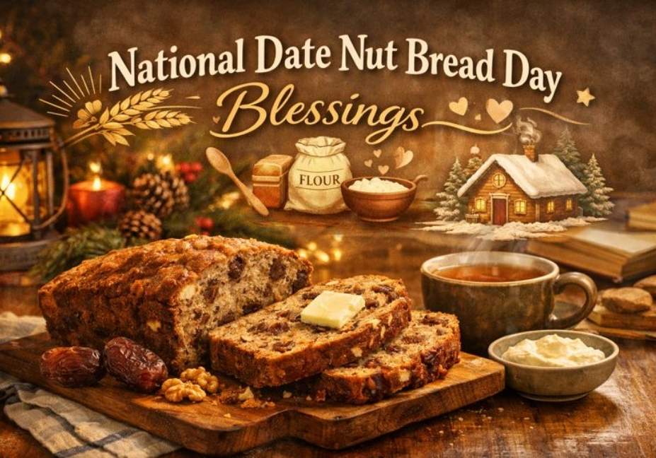 Freshly baked date nut bread on a wooden board celebrating National Date Nut Bread Day Blessings with warm, cozy kitchen vibes.