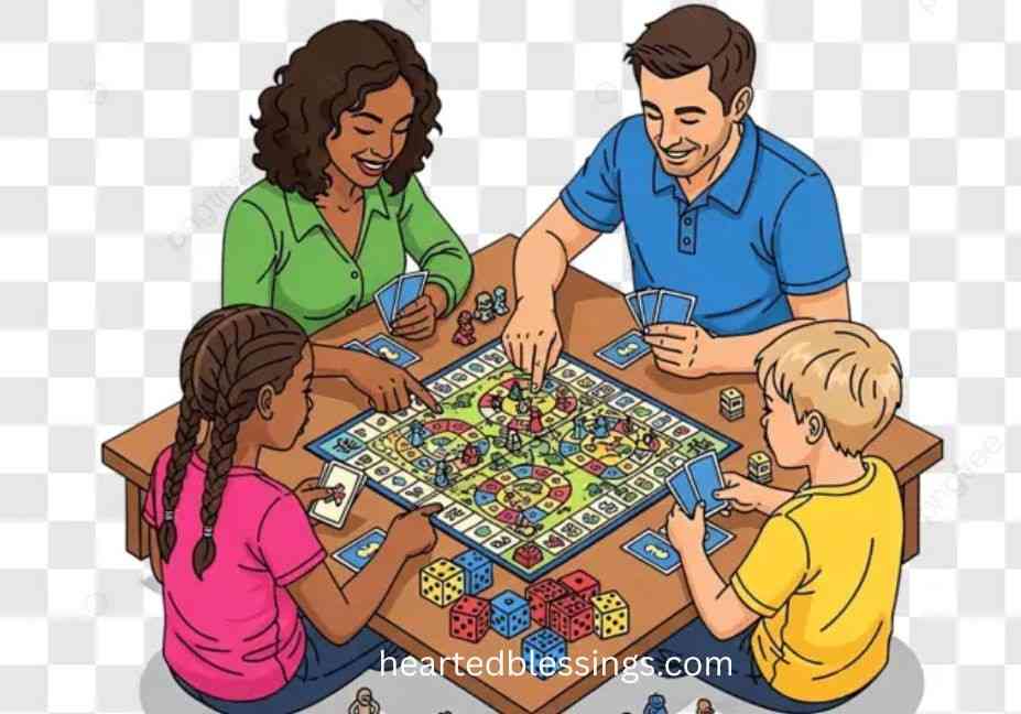 "Family playing board game together celebrating National Card Playing Day Blessings"