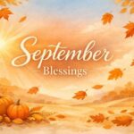 "September Blessings autumn landscape with falling leaves pumpkins and golden sunset sky"