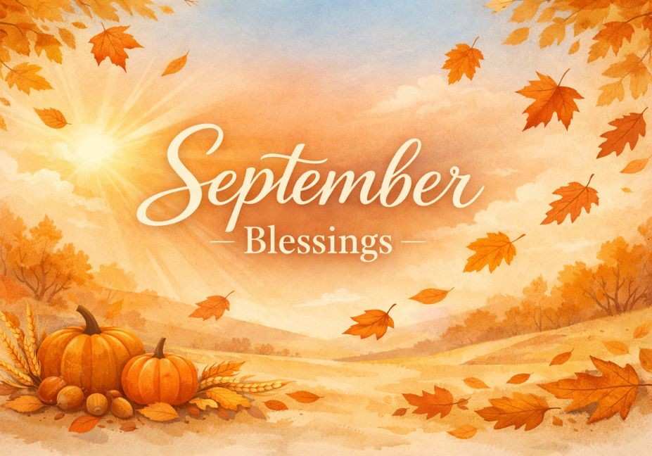 "September Blessings autumn landscape with falling leaves pumpkins and golden sunset sky"