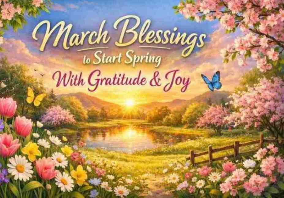 I'd be happy to help you create alt text for these "March Blessings" images. Alt text should be descriptive and include the main keyword while accurately describing what's in each image for accessibility purposes. "March Blessings to start spring with gratitude and joy featuring scenic spring landscape with pink cherry blossoms, colorful flowers, butterflies, and sunset over lake"