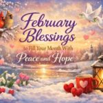 February Blessings to fill your month with peace and hope featuring cozy winter landscape, love symbols, and inspirational text