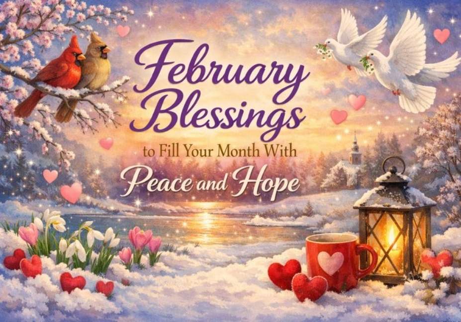 February Blessings to fill your month with peace and hope featuring cozy winter landscape, love symbols, and inspirational text