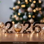 Festive Happy New Year 2026 messages display with sparkling champagne, gold ribbons, and colorful confetti scattered on rustic wood