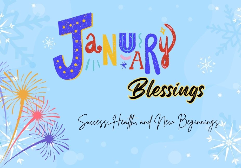 A peaceful winter sunrise over snow-covered hills with a person standing and looking at the horizon, symbolizing hope, new beginnings, and January blessings.